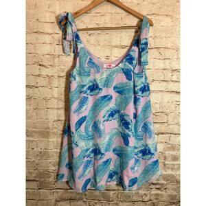 Buddy Love Mini Dress Womens Medium Turquoise & Purple Feather Printed Boho